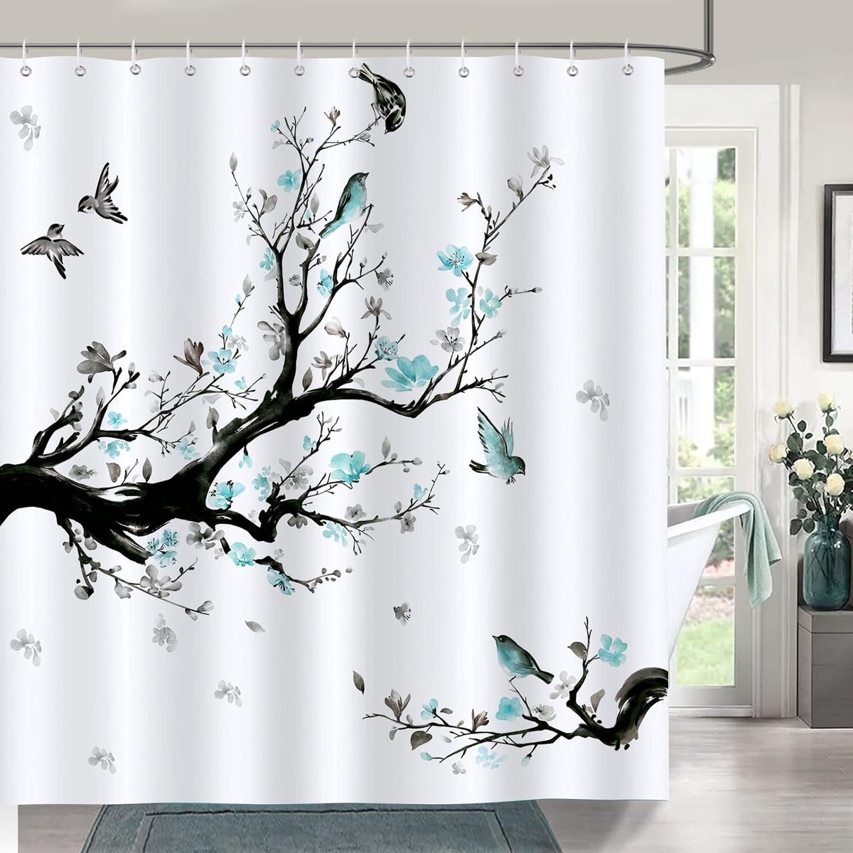Douchegordijn blauw bloemen 180x180cm - waterdicht polyester - schimmelbestendig - ideaal voor badkamerdecoratie - ShopVlot