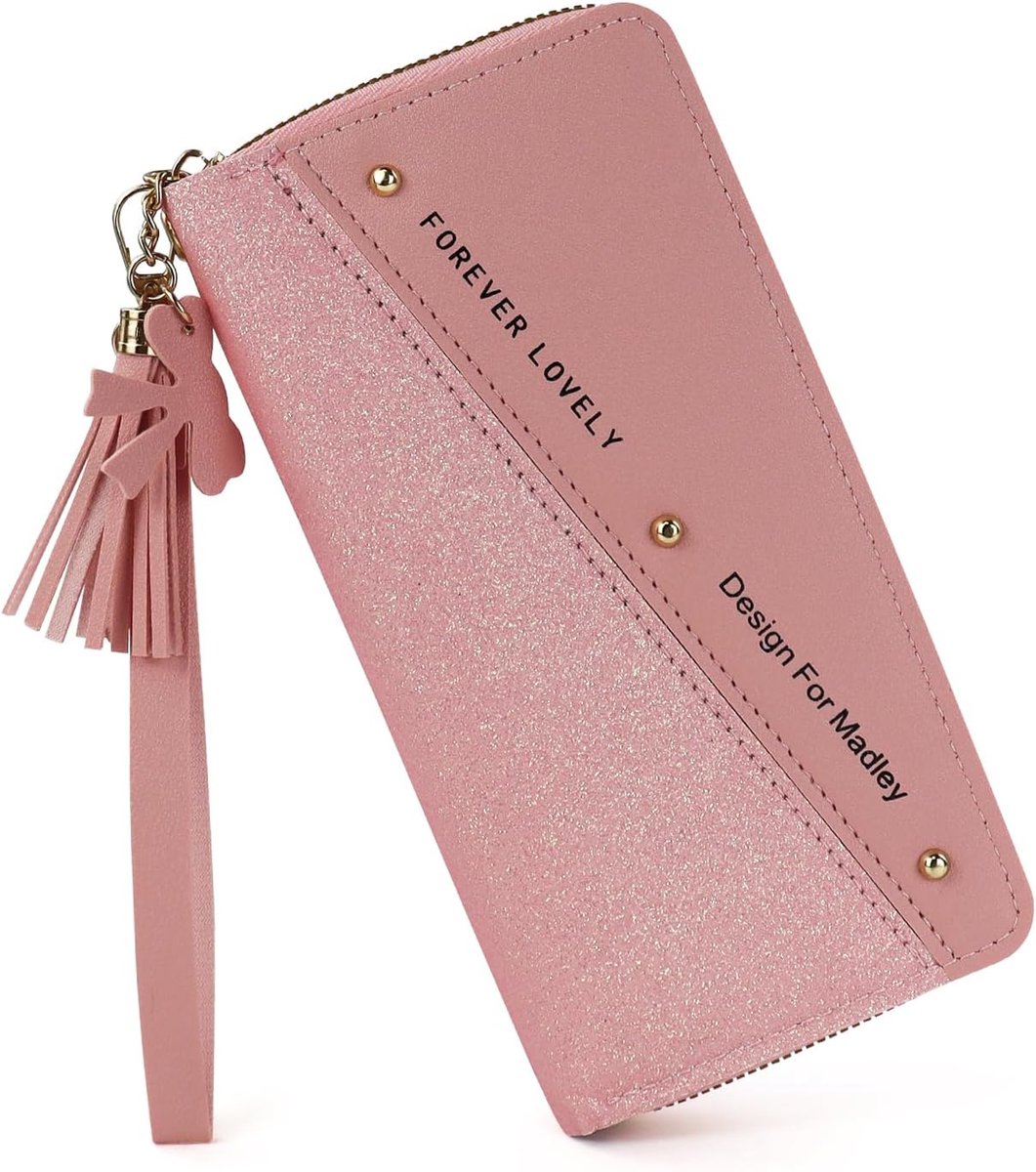 Damesportemonnee 7,48 inch - Glittery roze PU leer - Met kwast en ritssluiting - Ruime opbergcapaciteit - ShopVlot