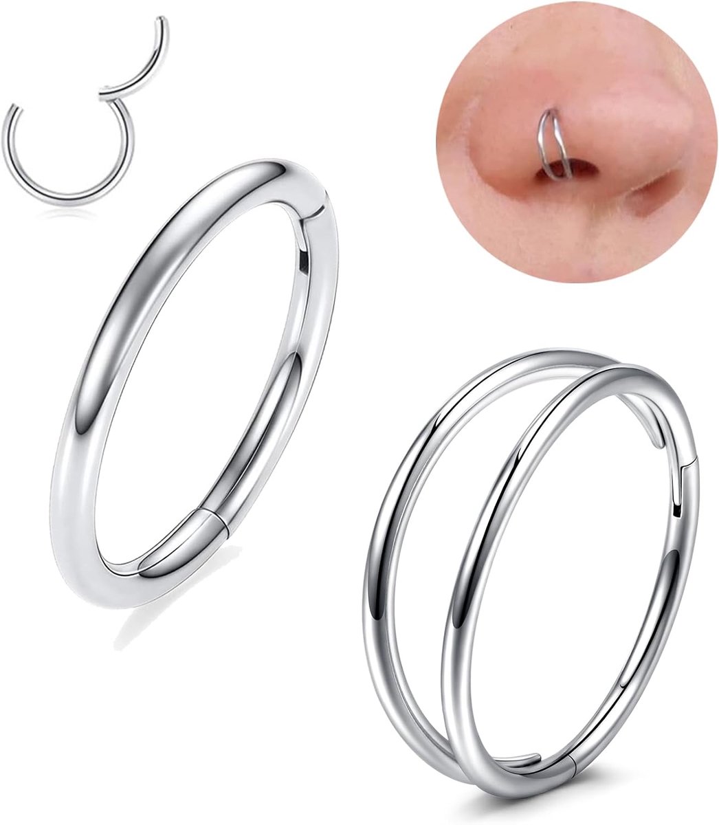 LAURITAMI 2 stuks neusringen, roestvrijstalen kraakbeen-helixoorbellen, ring 20G, 18G, 16G, scharnierende - ShopVlot