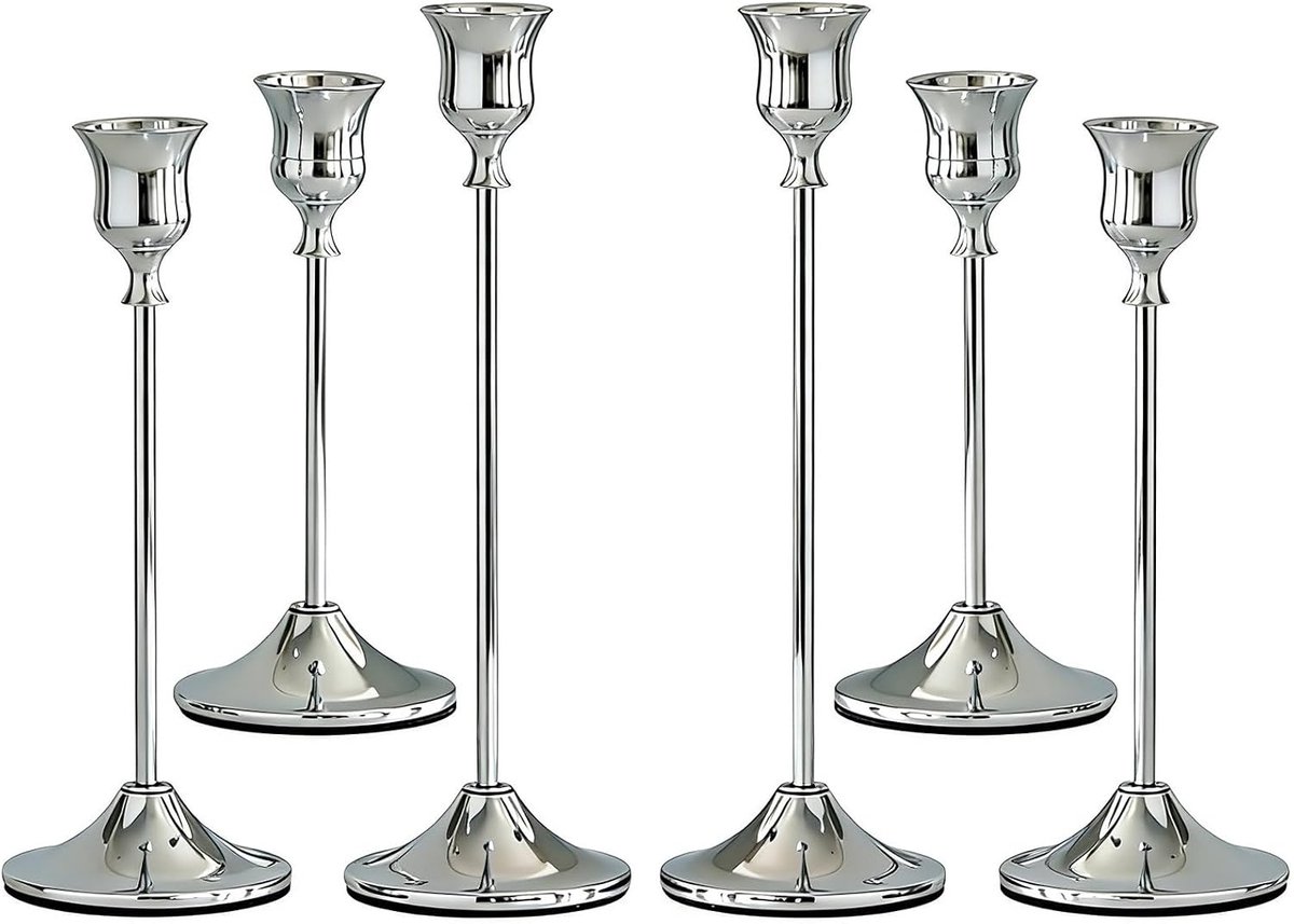 Set van 6 zilverkleurige kandelaars - 3 maten (17/20/23 cm) - Vintage kandelaar voor tafeldecoratie, bruiloft, feest - ShopVlot