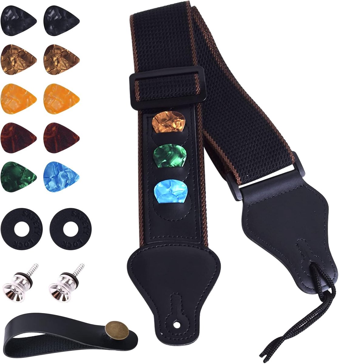 4pcs Guitar Strap with Leather Ends, Guitar Strap, Adjustable Length with 10 Picks, Belt Locks for Electric and - ShopVlot
