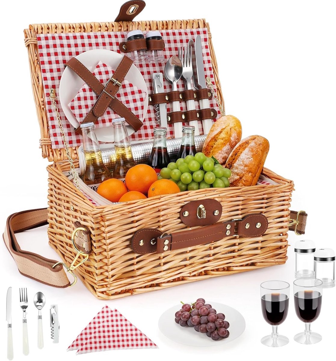Picknickmand Set voor 2 Personen - Rood - 38,5 x 27 x 18 cm - Geïsoleerd Koelvak met Verwijderbare Schouderriem - Voor Buitenactiviteiten
