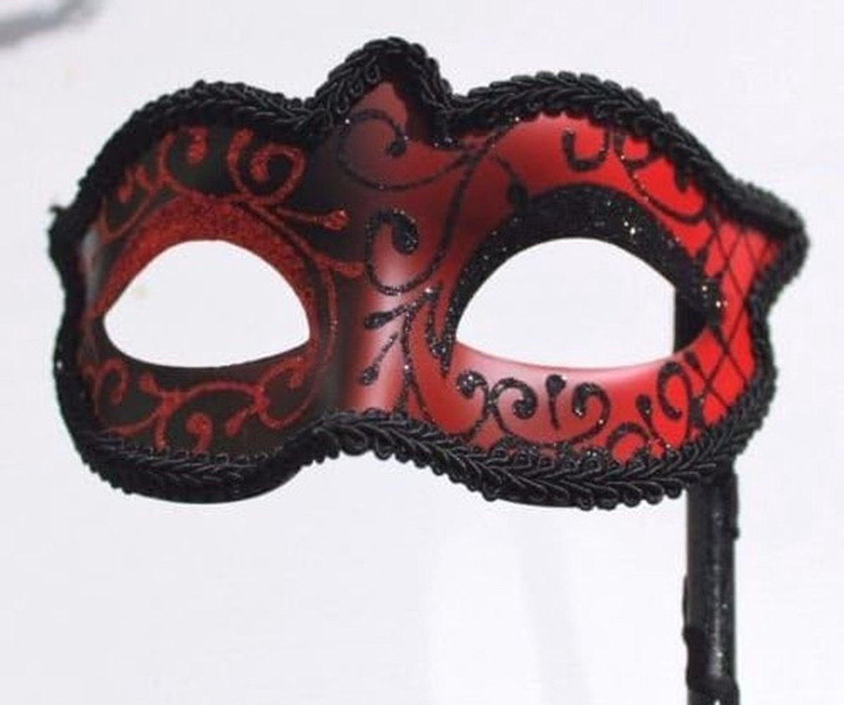 Solidchoice - Venetiaans Masker Rood & Zwart met Stick voor Feesten
