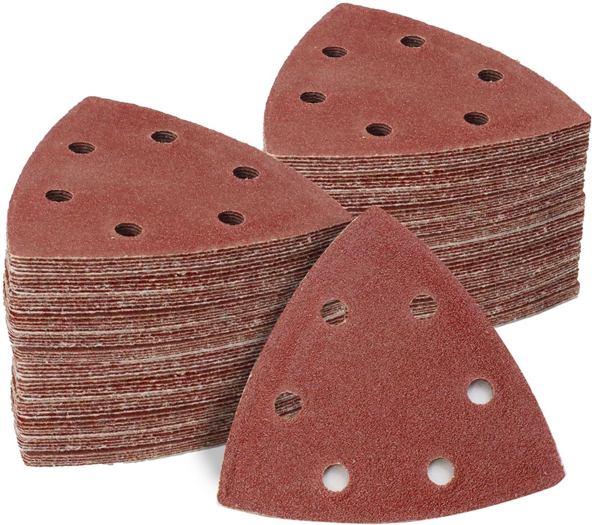 70 stuks driehoekige schuurbladen 93 x 93 x 93 mm klittenband 6 gaten stofafvoer korrel 80 aluminiumoxide schuurpapier - ShopVlot