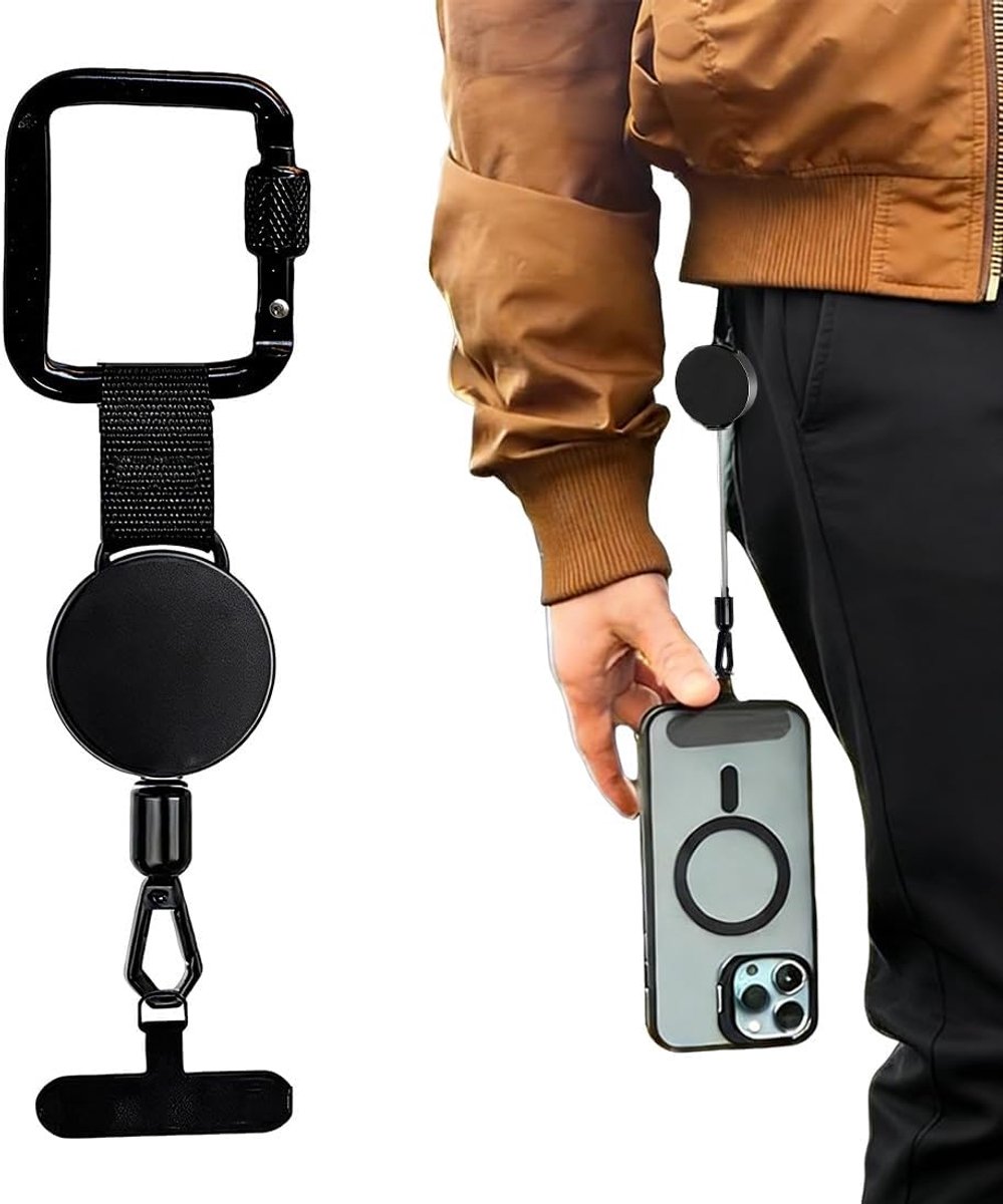 Intrekbare anti-diefstalhouder voor telefoon, met karabijnhaak, valbescherming voor mobiele telefoon, voor wandelen - ShopVlot