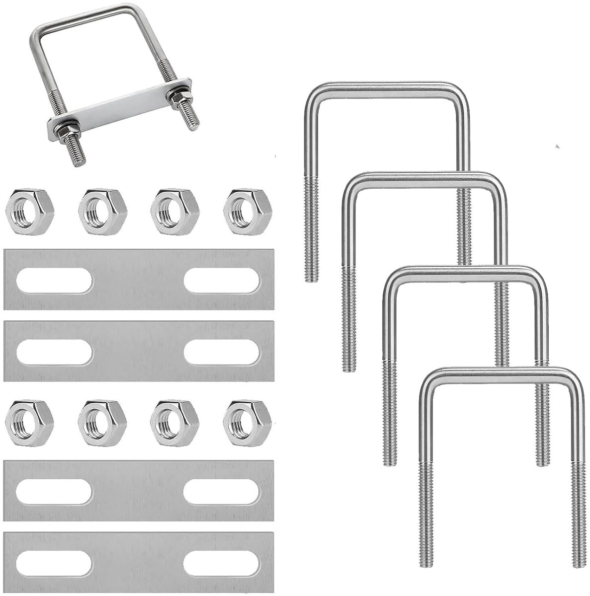 4pcs M8 Stainless Steel U Bolts, 120 x 60 mm U Bracket, with 8 Nuts and 4 Counter Plate, Bracket Bolts, Square - ShopVlot