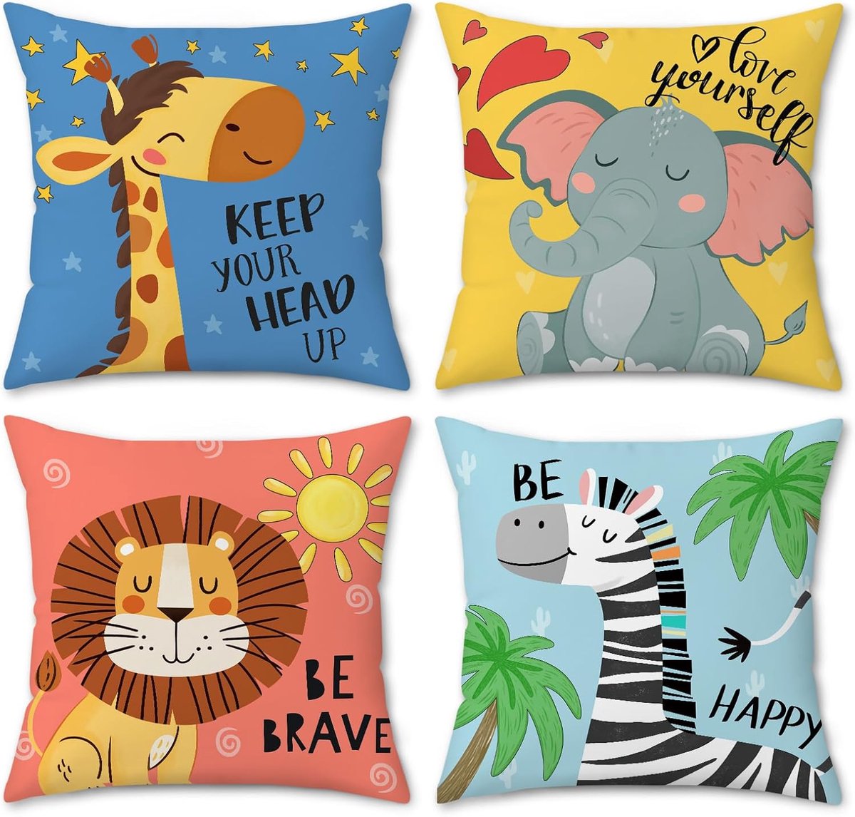 Kussenhoezen voor kinderen, dieren, 45 x 45 cm, giraf, zebra, leeuw, olifant, fluweel, decoratieve kussenovertrekken - ShopVlot