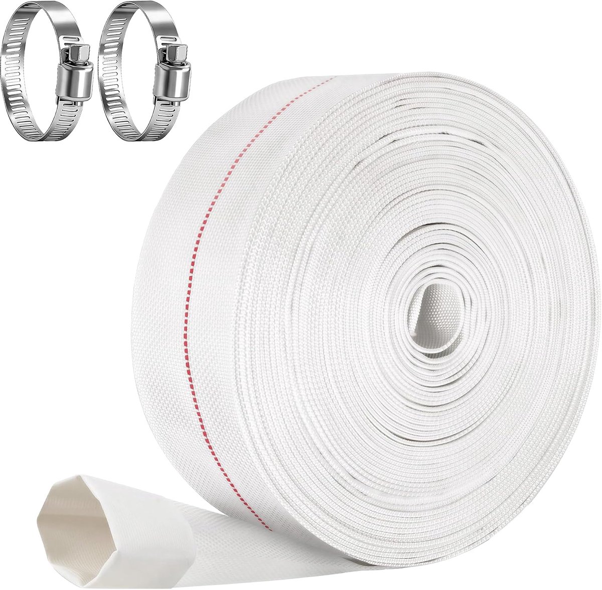 Platte slang 1 1/4 inch - 20 m stoffen slang, Ø 32 mm - Een rol met 2 slangklemmen 21-38 mm voor dompelpompen en - ShopVlot