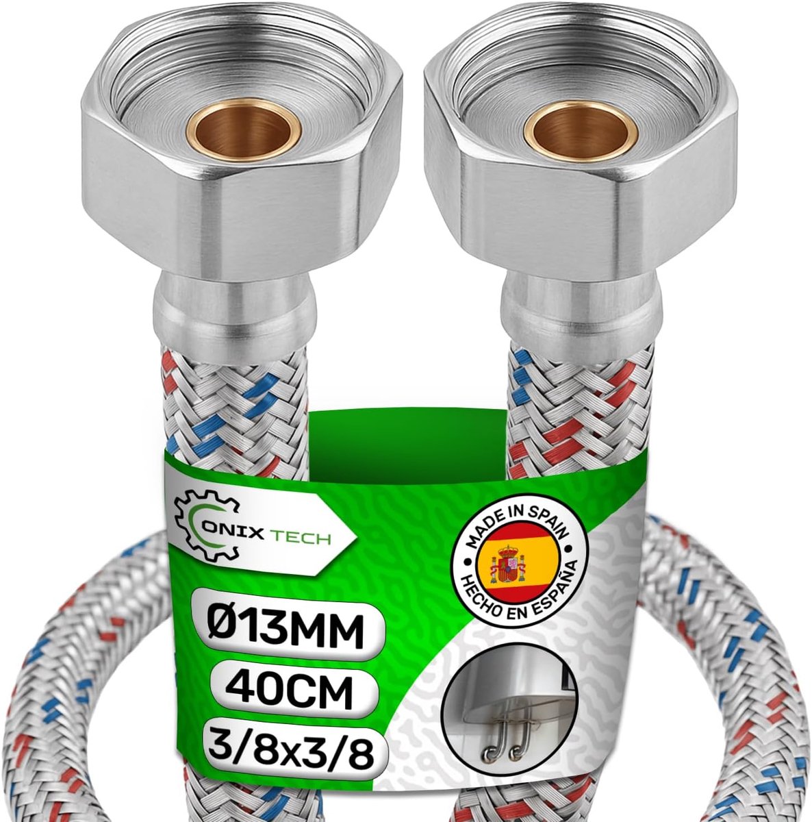 Pipe hose, stainless steel, length 40 cm, diameter 13 mm, female and female connection, 3/8 inch x 1/2 inch, made in - ShopVlot