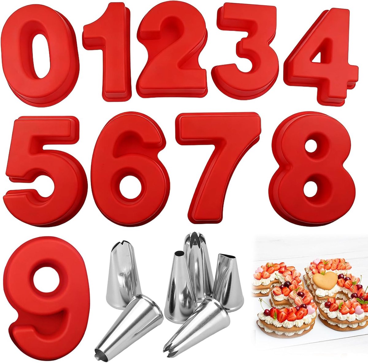 Taartvorm cijfers, 15 stuks siliconen bakvorm cijfers groot 10 inch Number Cake bakvorm met 6 spuitmonden voor - ShopVlot