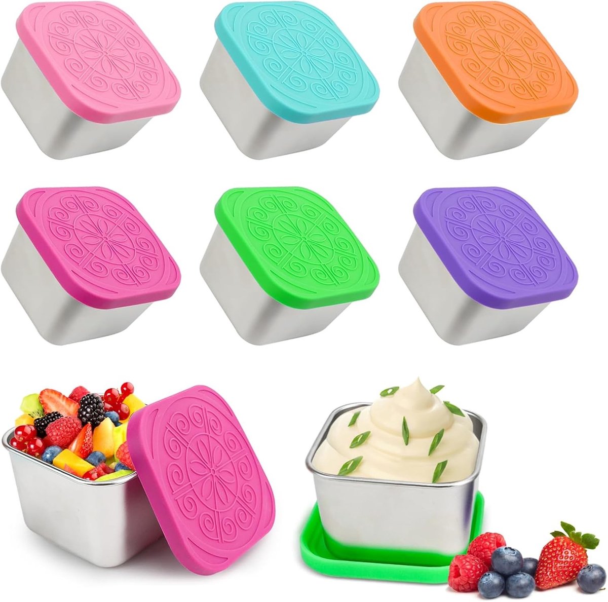 Set van 6 RVS Voedselcontainers van 180ml, Stapelbare Snackpotjes met Levensmiddelenbestendige Siliconen Deksel, Herbruikbare Opbergdozen voor Snacks, Salades en Sauzen