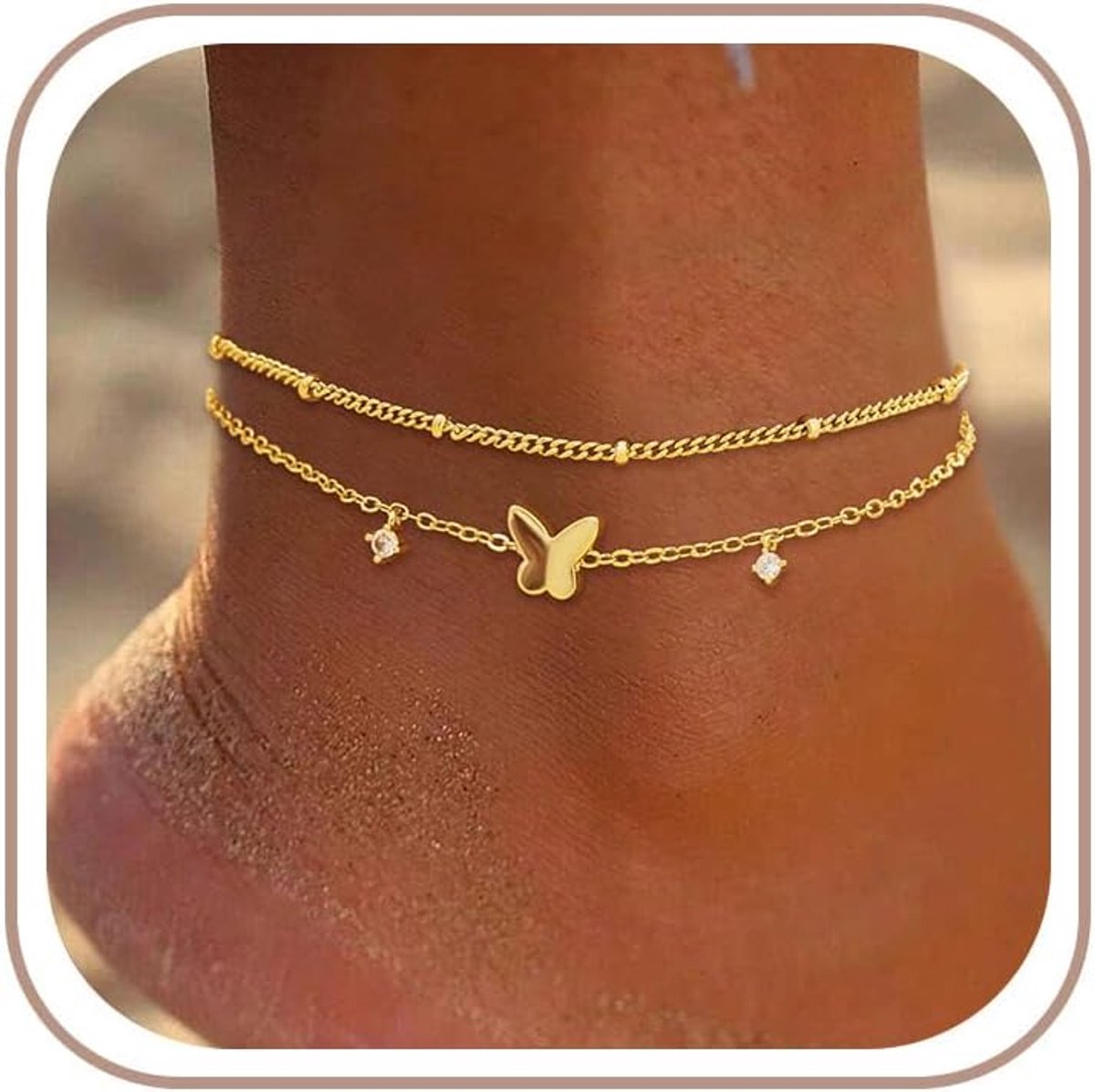 Enkelbandje voor dames, 925 zilver, 925 goud, dubbel hart, parels, twist, oneindigheid, waterdicht, verstelbaar, voor - ShopVlot
