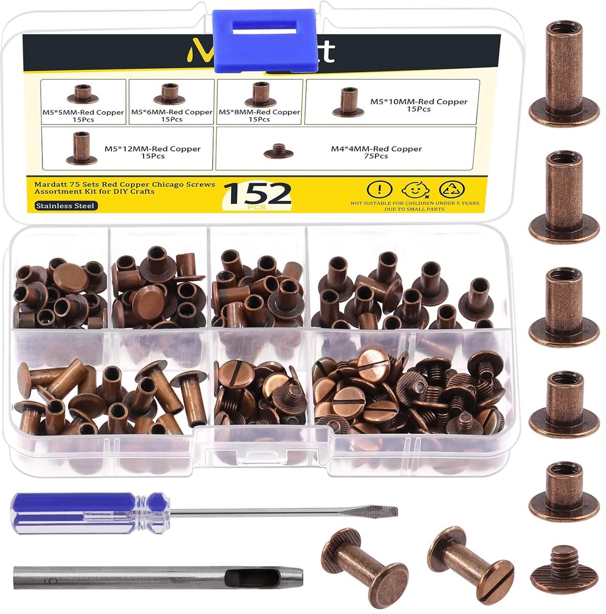 Chicago schroeven set 152 stuks - 5 maten - carbon staal - ideaal voor leren projecten - ShopVlot