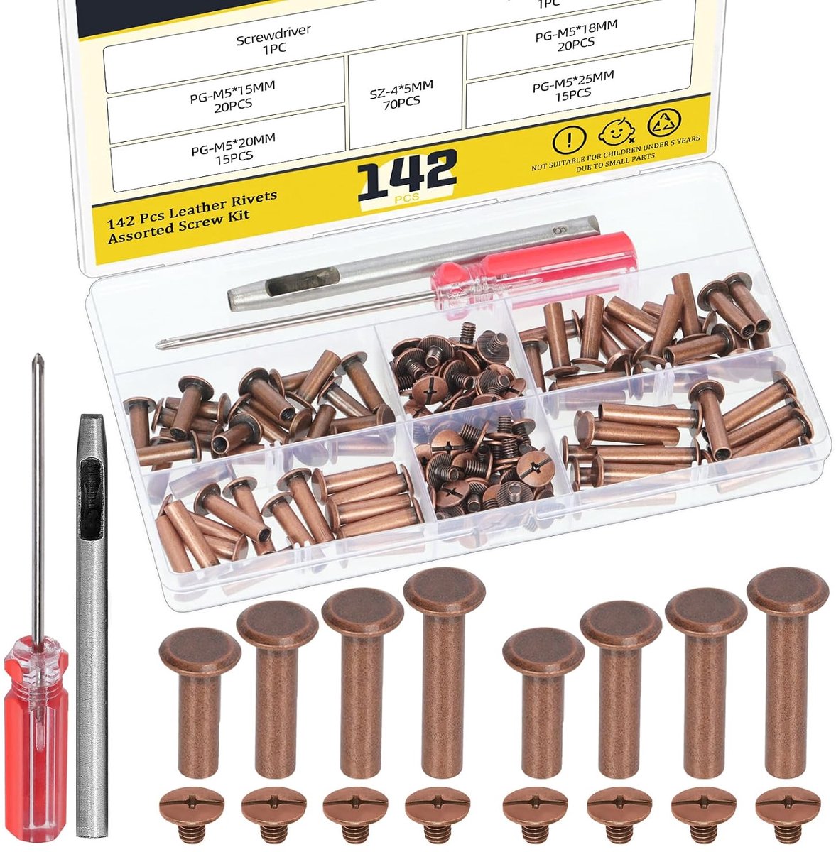 Chicago schroeven 70 sets M5 x 15/18/20/25mm - roodbrons - met aanpassingsgereedschap - ideaal voor lederbewerking - ShopVlot