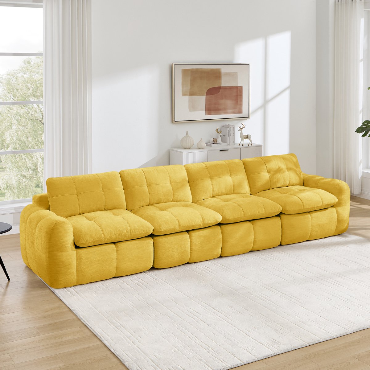 OKWISH Zitbank 334 x 97 x 68 cm - Modulaire 4-Zits Bank Met Chenille En 32D Schuim - Voor Woonkamer En Appartement - Geel