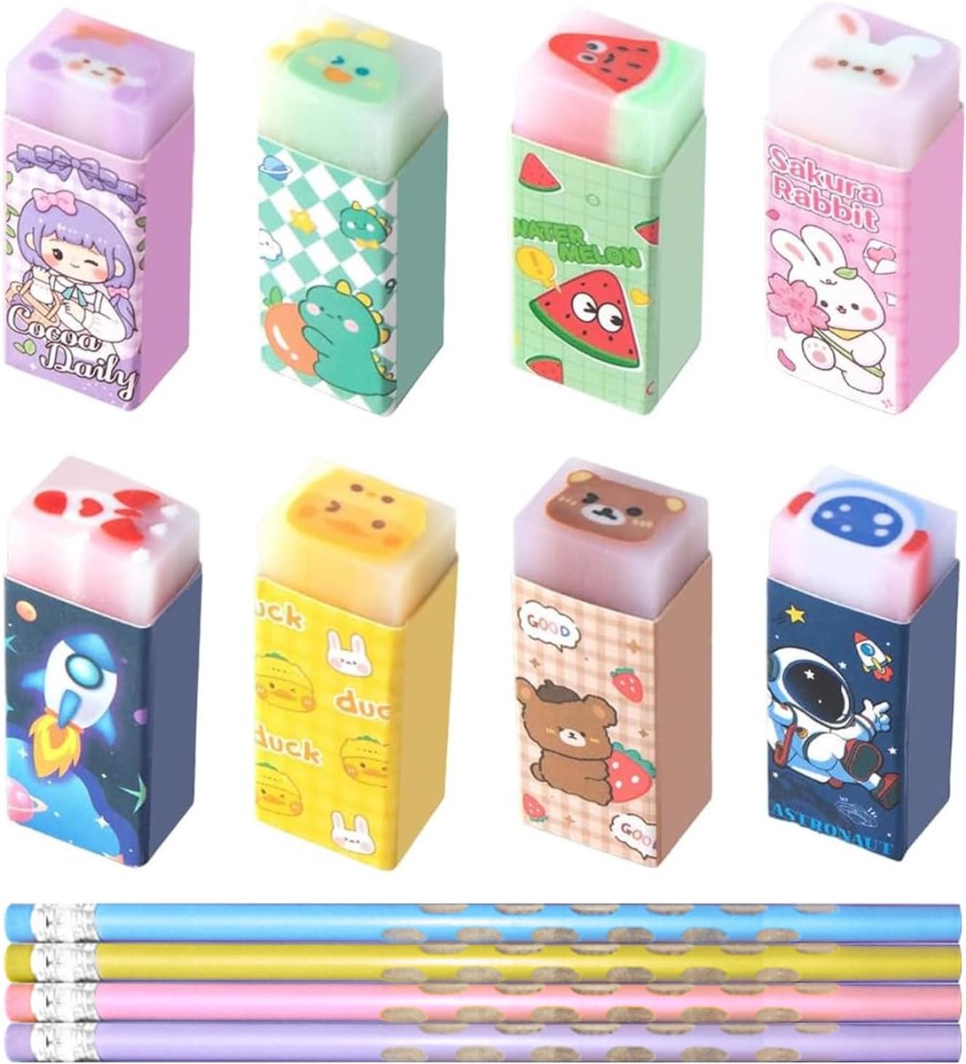 Gum 8 stuks - Kawaii ontwerpen - Inclusief 4 kleurpotloden - Perfect voor kinderen - ShopVlot