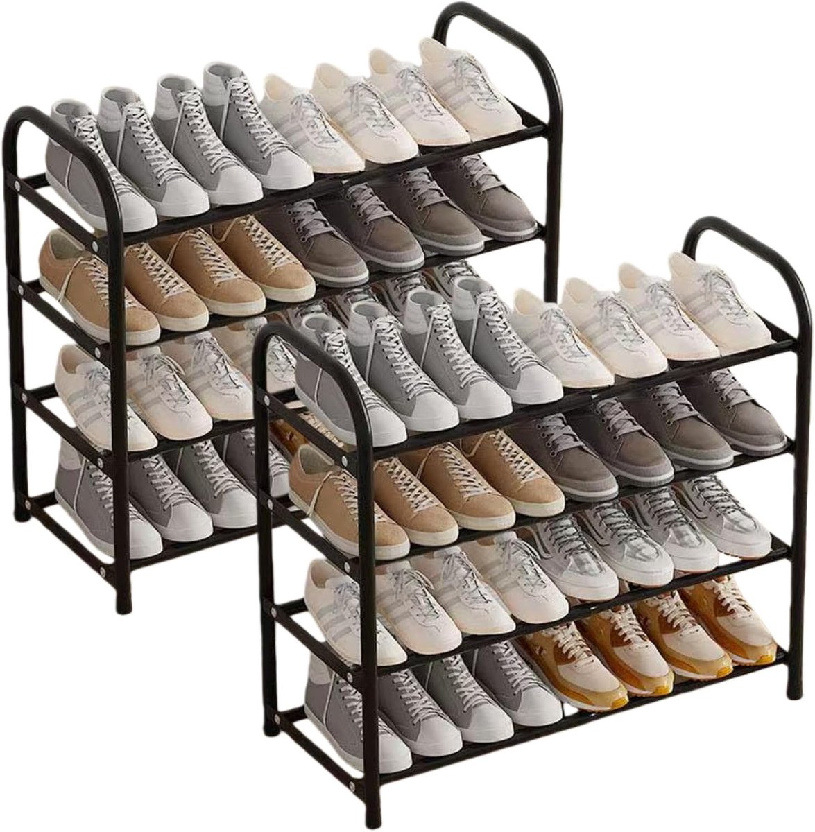 Narrow Shoe Rack voor ruimtebesparing in hal of gang, uitbreidbaar van 45 tot 83 cm, zwart, 2 stuks met 4 verdiepingen