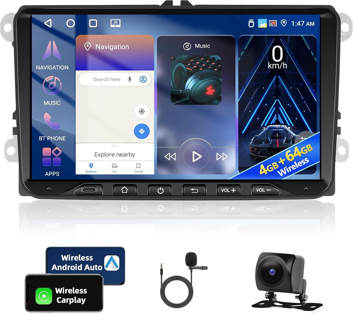 Android Car Stereo 4+64G - Draadloos Carplay - GPS Navigatie - Geschikt voor VW en Seat - ShopVlot