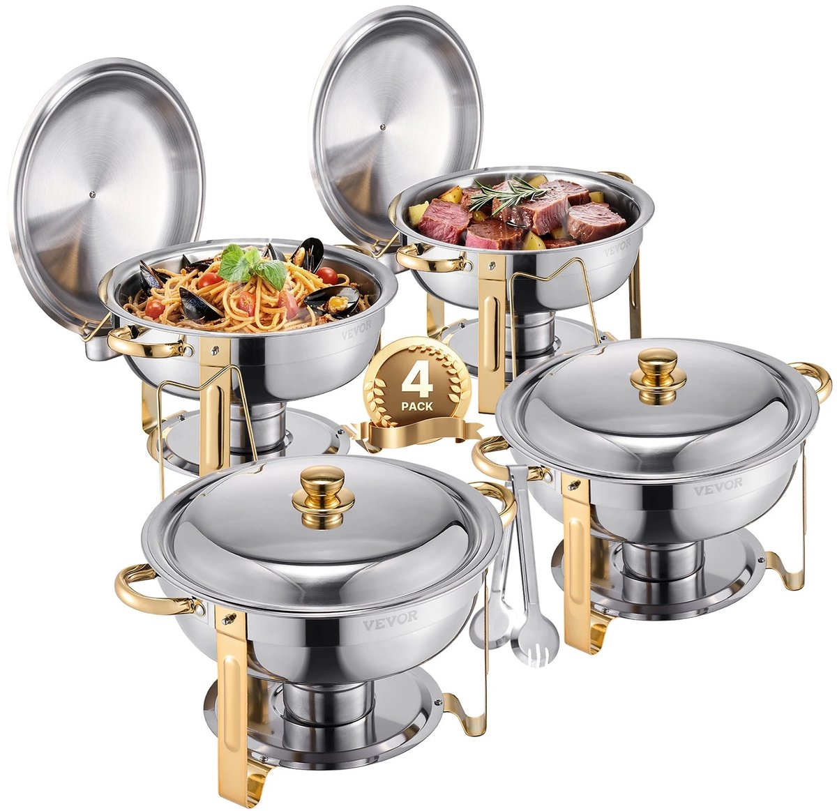 Brandistry - Buffet Set - Rvs Warmhoud Pannen - 5 Liter Capaciteit - Opvouwbaar - Inclusief Deksel En Serveertang - Rvs/Goud
