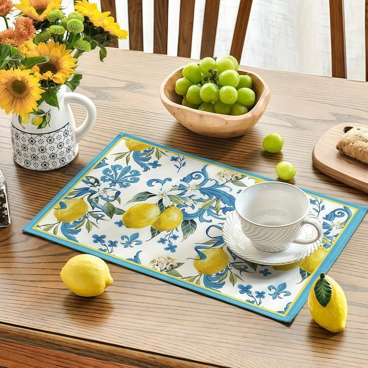 Placemats set van 8 - hittebestendig met citroenpatroon - wasbare linnen - perfect voor tafeldecoratie - ShopVlot