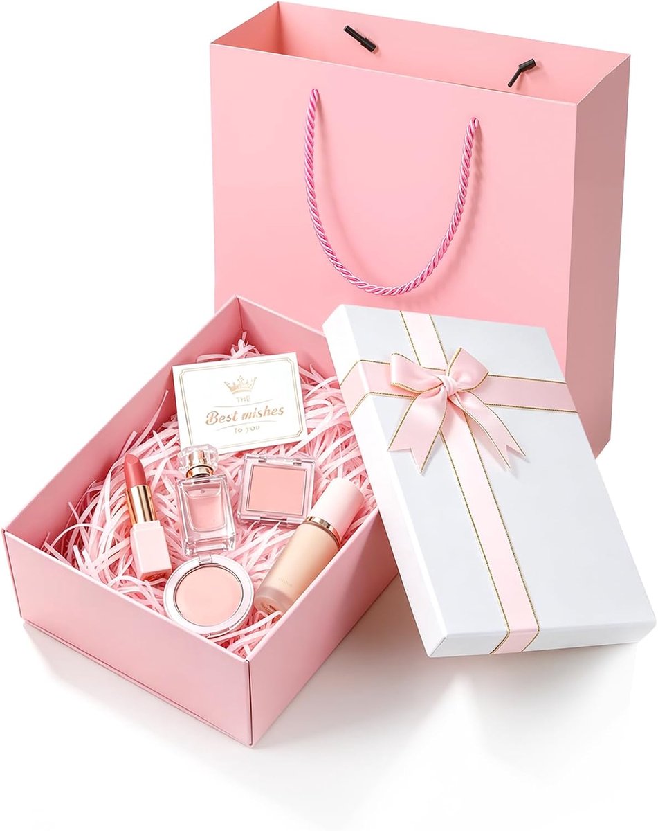 geschenkdoos roze 25 x 18 x 8,5 cm - met deksel en strik - inclusief geschenkzakje en kaart - ShopVlot