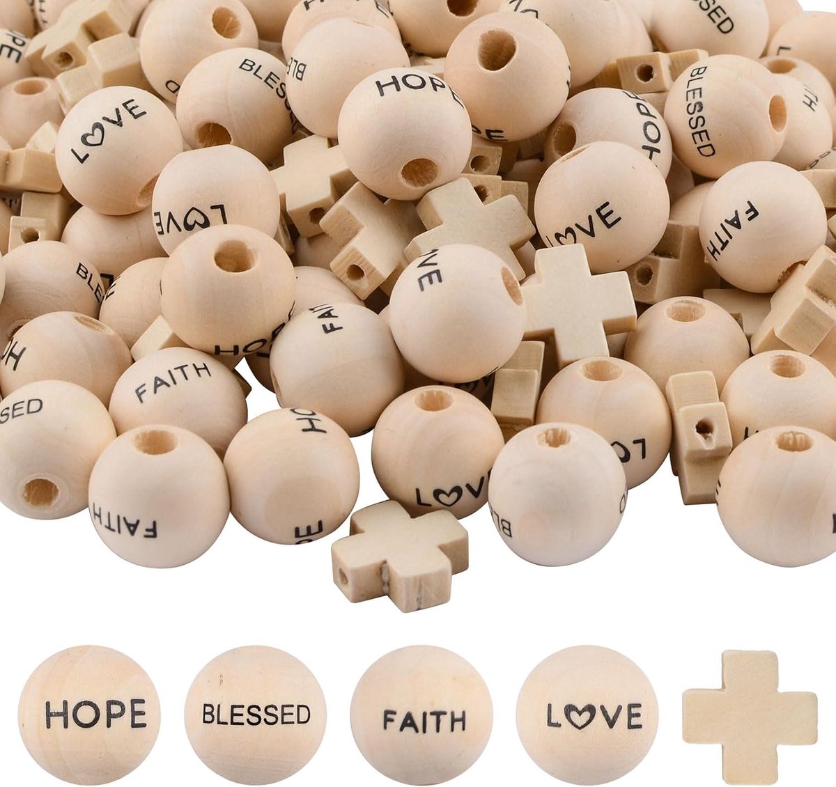 Woordkralen set 150 stuks - Houten kruisrozenkrans - Geloof, hoop en liefde - Voor wanddecoratie en ambachten - ShopVlot
