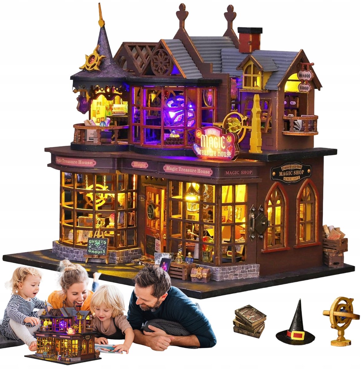 Magisch Huis - Miniatuur Bouwset - Houten 3D Puzzel - Modelbouw - LED-Verlichting - 22x18x23 cm - Volwassenen en Tieners - Miniatuur - DIY Bouwpakket - Voor Decoratie en Cadeau