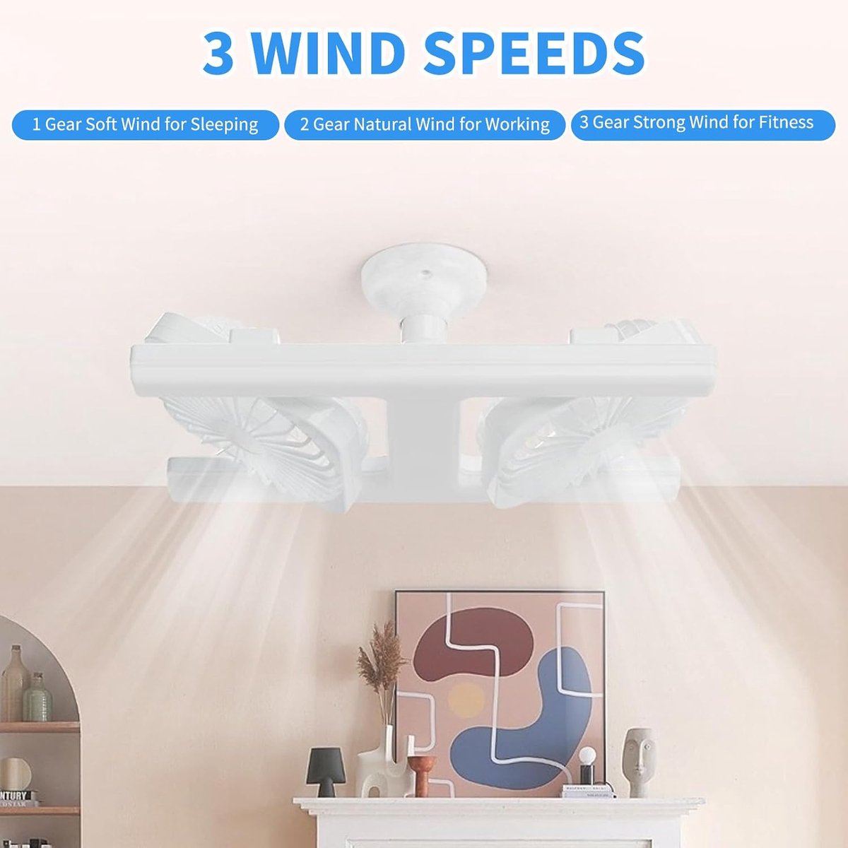 KZQ H-vormige plafondventilator met LED-verlichting en afstandsbediening - E27 lampfitting met dubbele ventilator - Dimbare kleurtemperatuur 3000-6500K - Geschikt voor slaapkamer en binnenruimtes - Wit