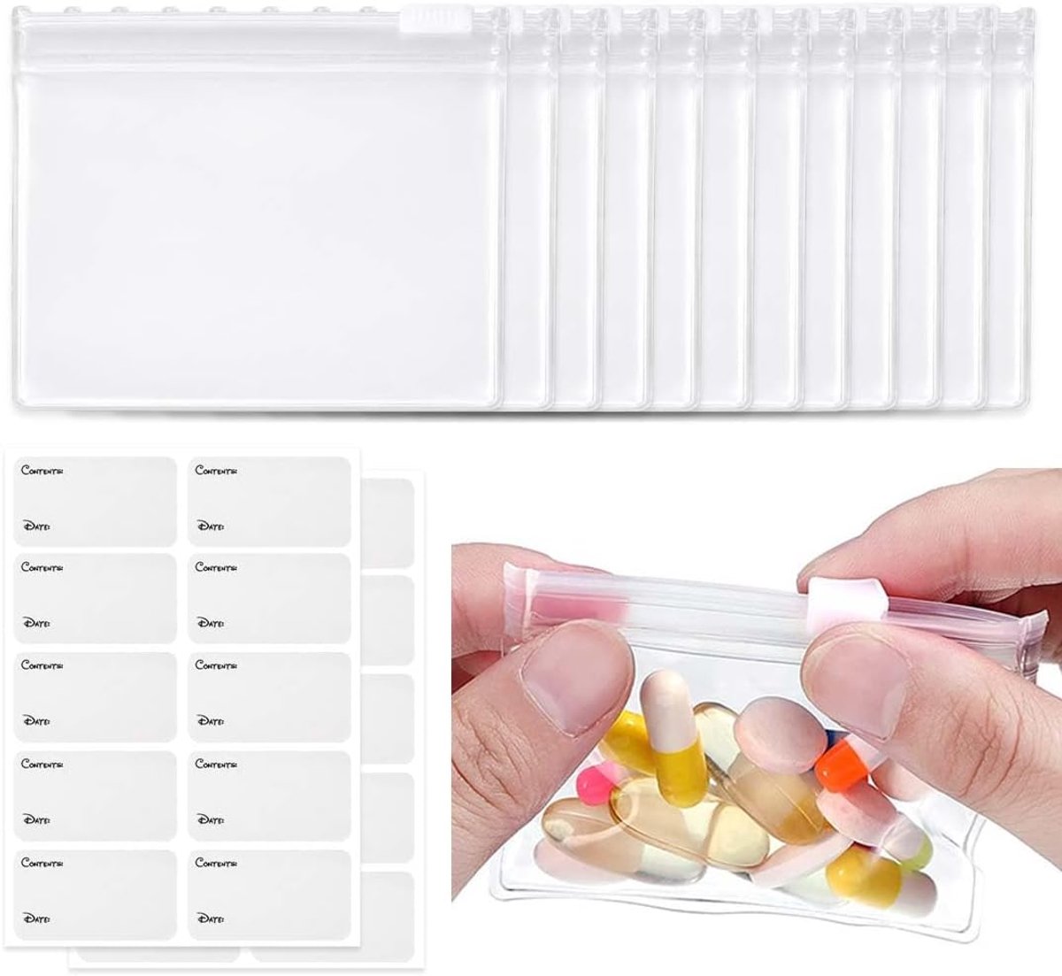 12 transparante herbruikbare pilzakjes met ritssluiting en etiketten voor medicijnen klein spul - ShopVlot