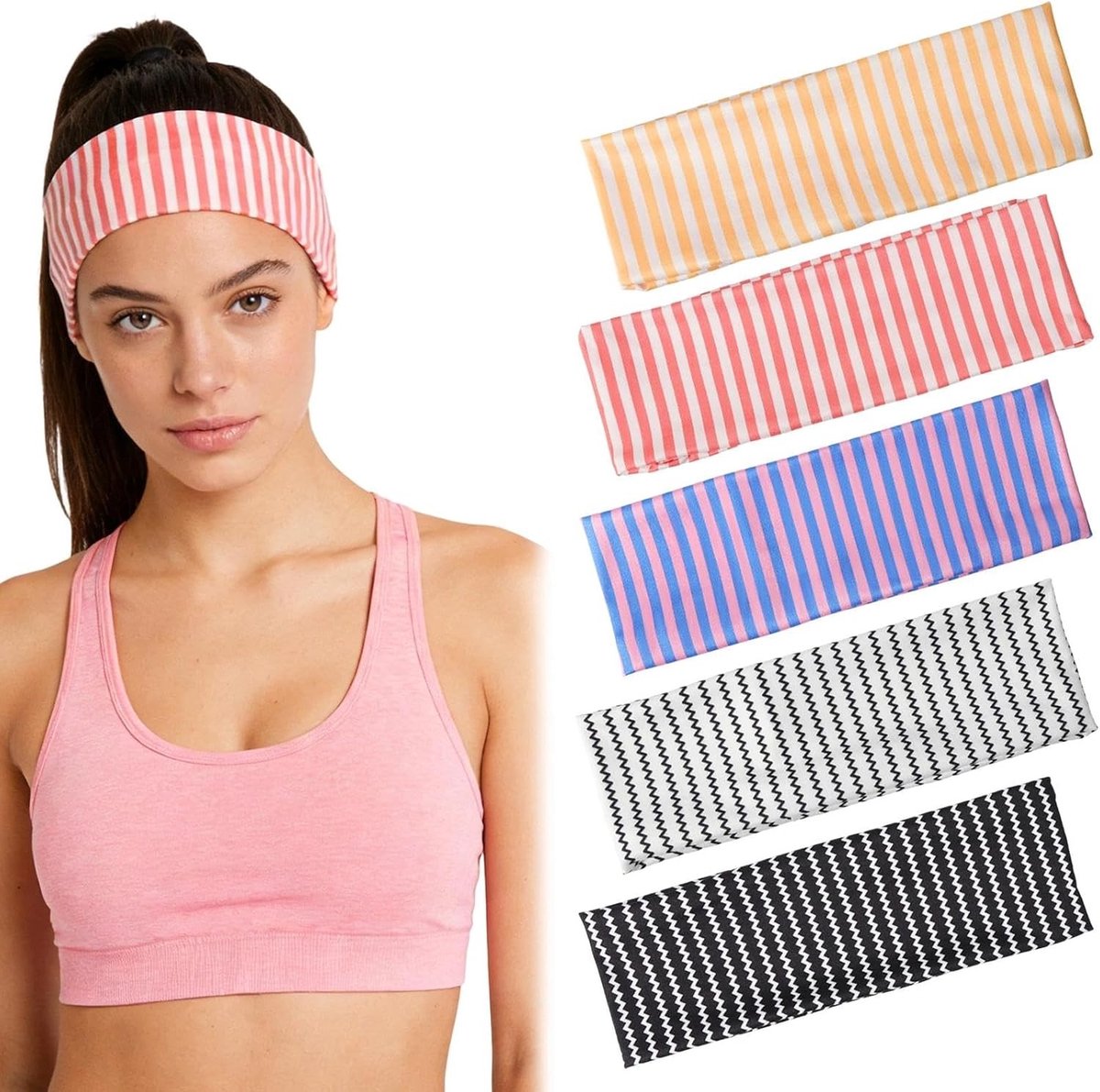 Gestreepte hoofdbanden voor vrouwen - 5 stuks rekbare en antislip haarbanden voor yoga, hardlopen en sportieve activiteiten