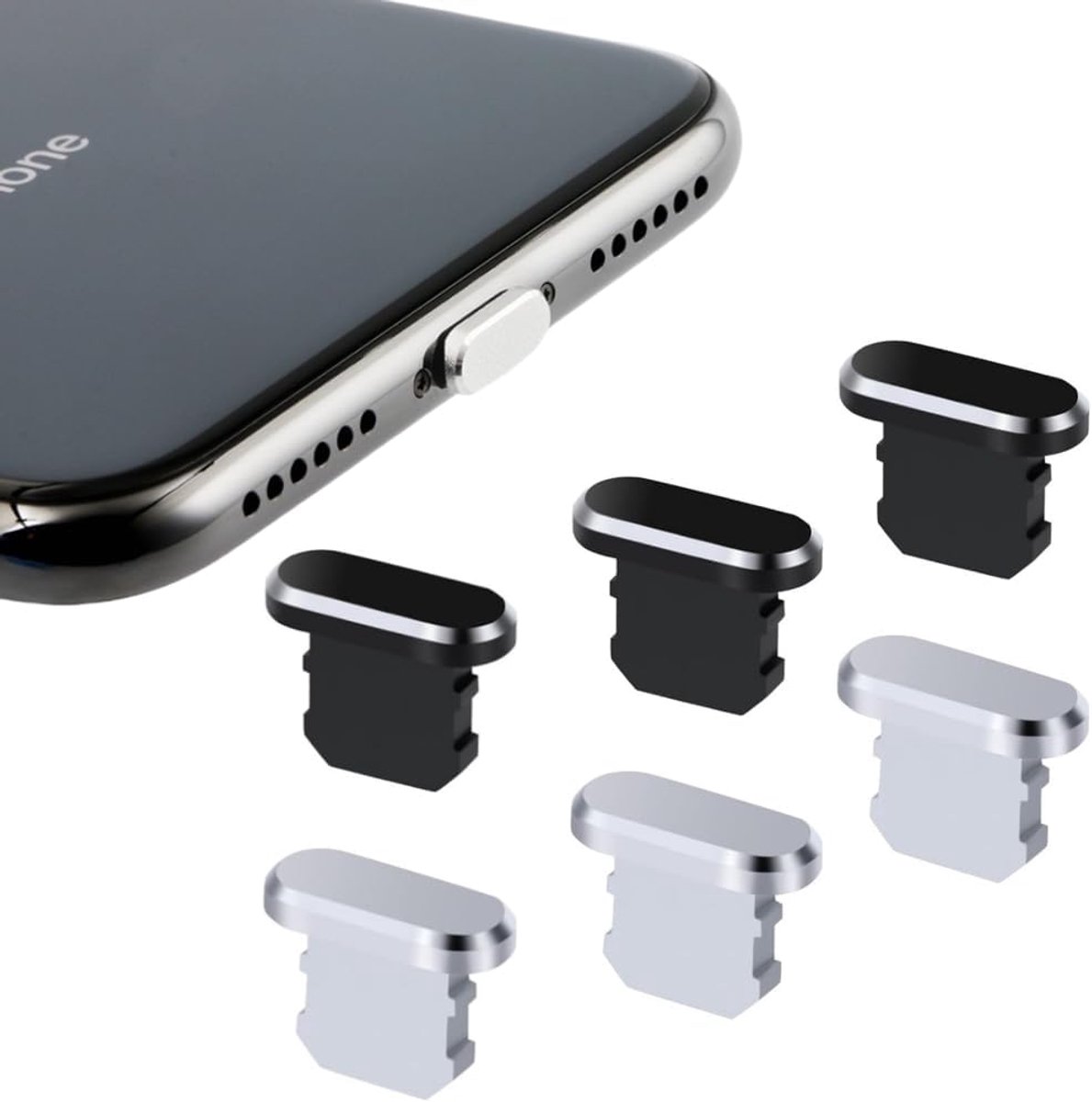 Stofdoppen set van 6 - Aluminium - Voor iPhone 13/12/11 Pro Max/X/XS/Max/SE/XR/X/8 Plus/8/7 - Houdt oplaadpoort schoon - ShopVlot