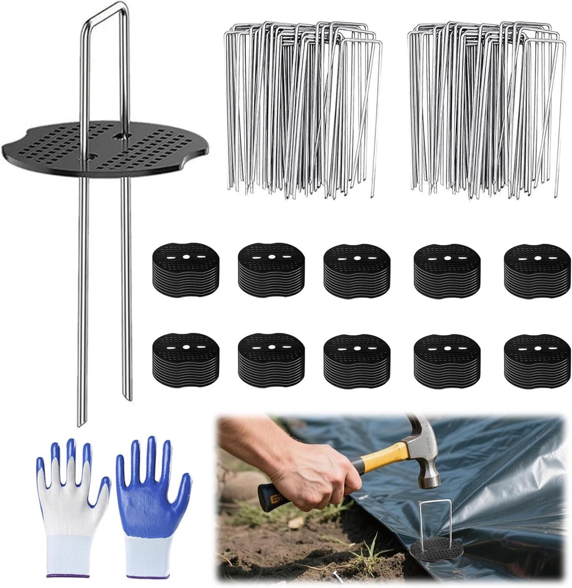 Professionele grondankers voor de tuin, 100 grondhaken en 100 bufferdiscs, gegalvaniseerd staal, 150 mm lang, 40 mm breed, 2 mm diameter, stevig en duurzaam