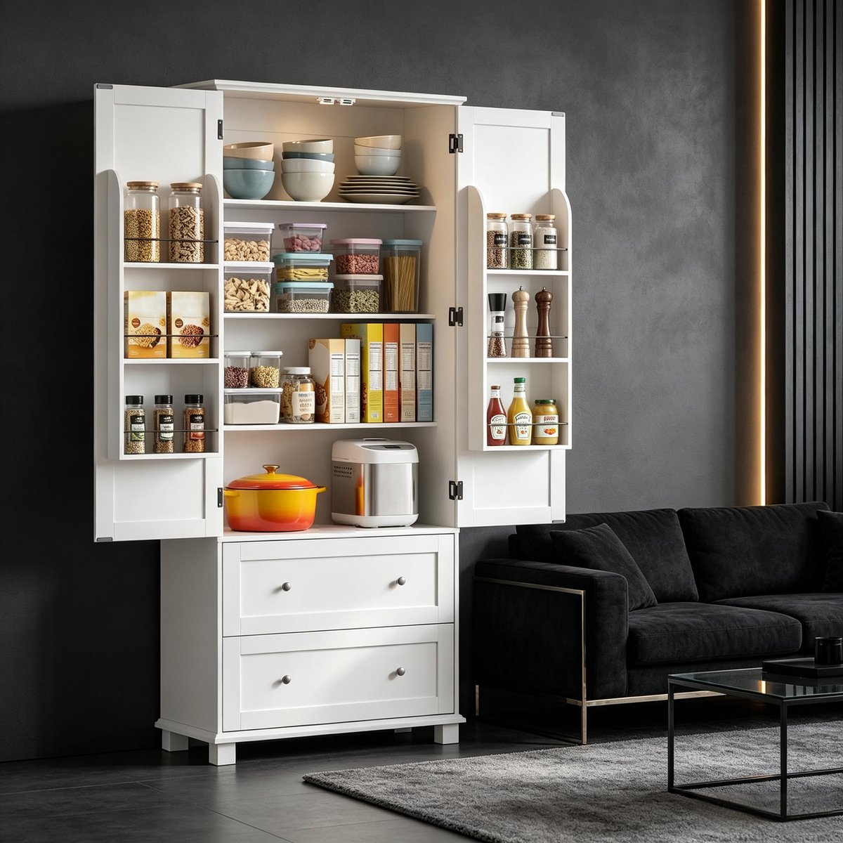DESMIU Keukenkast - Hoge Buffetkast Met 2 Deuren En 2 Lades - Verstelbare Planken Voor Keuken En Eetkamer - MDF - Wit - 80x39,5x184,5 Cm