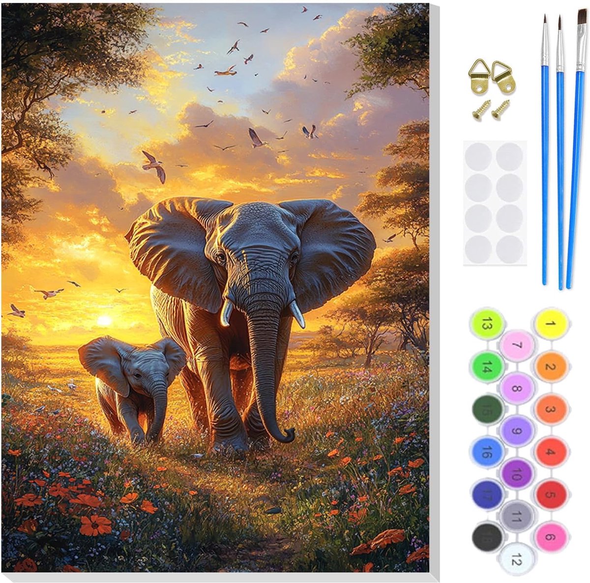 Schilderen op nummer olieverf - Olifant in zonsondergang - DIY schilderkit voor volwassenen - Geschikt voor beginners - ShopVlot