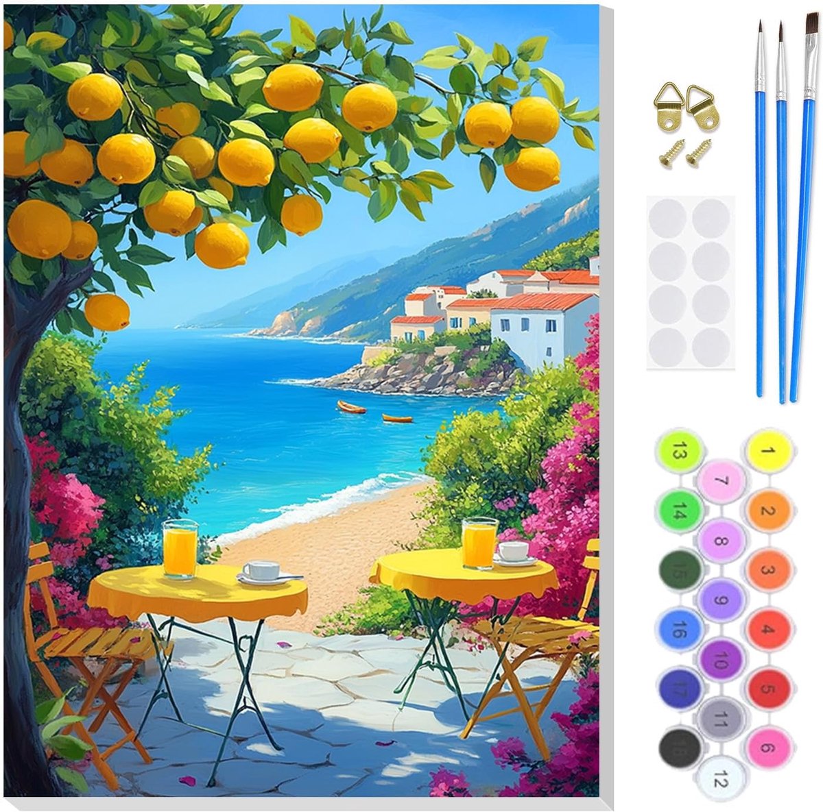 Schilderen op nummer volwassenen - lemon geel kustlandschap - met lijst - eenvoudig schilderen voor beginners - ShopVlot