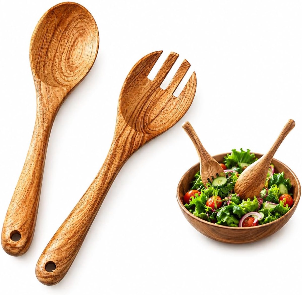 Saladeschep set van 2 - Houten lepel en vork - Natuurlijke uitstraling - Perfect voor dagelijkse gebruik - ShopVlot