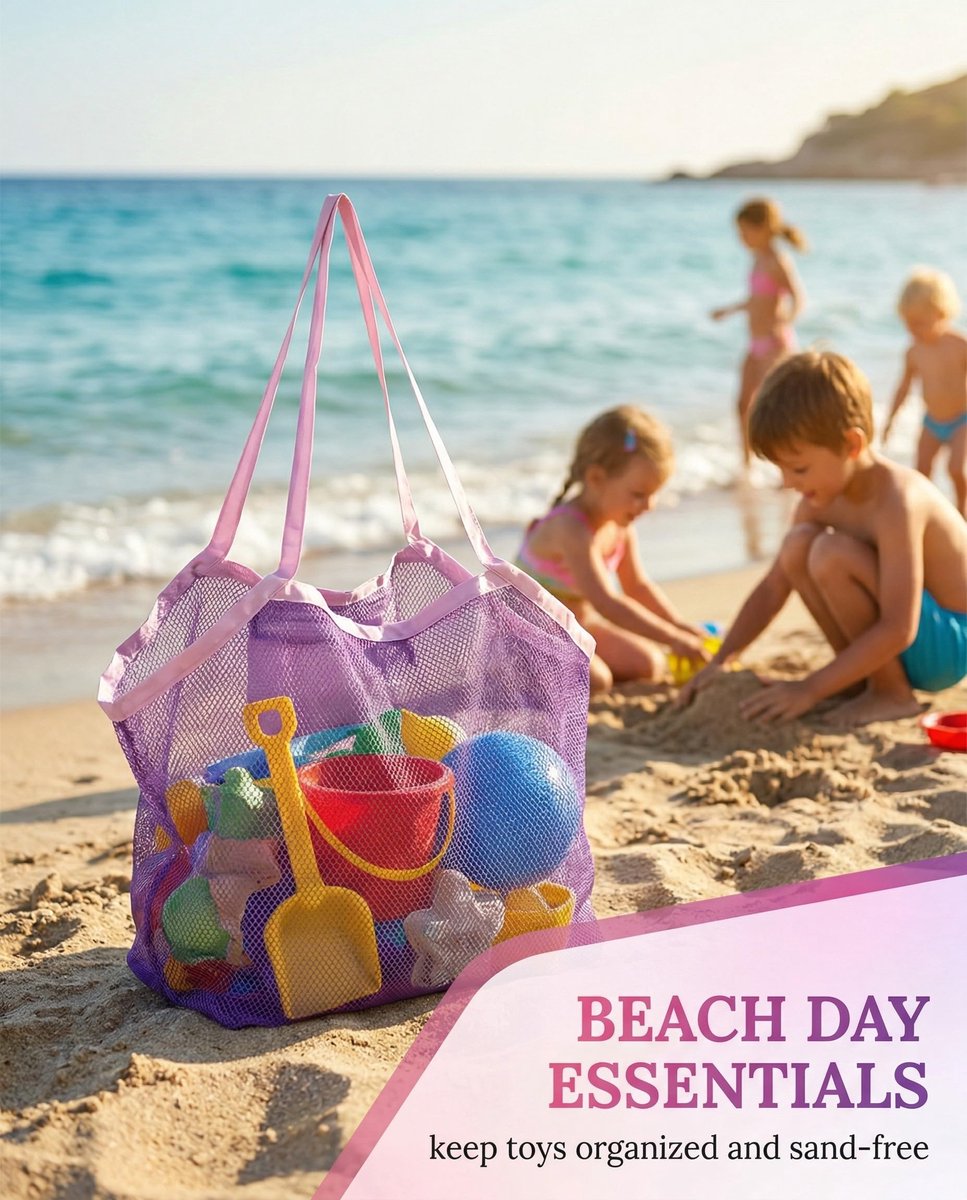 Strandtas opvouwbaar net - paars netstof met roze rand - zandbescherming - organizer voor speelgoed - ShopVlot