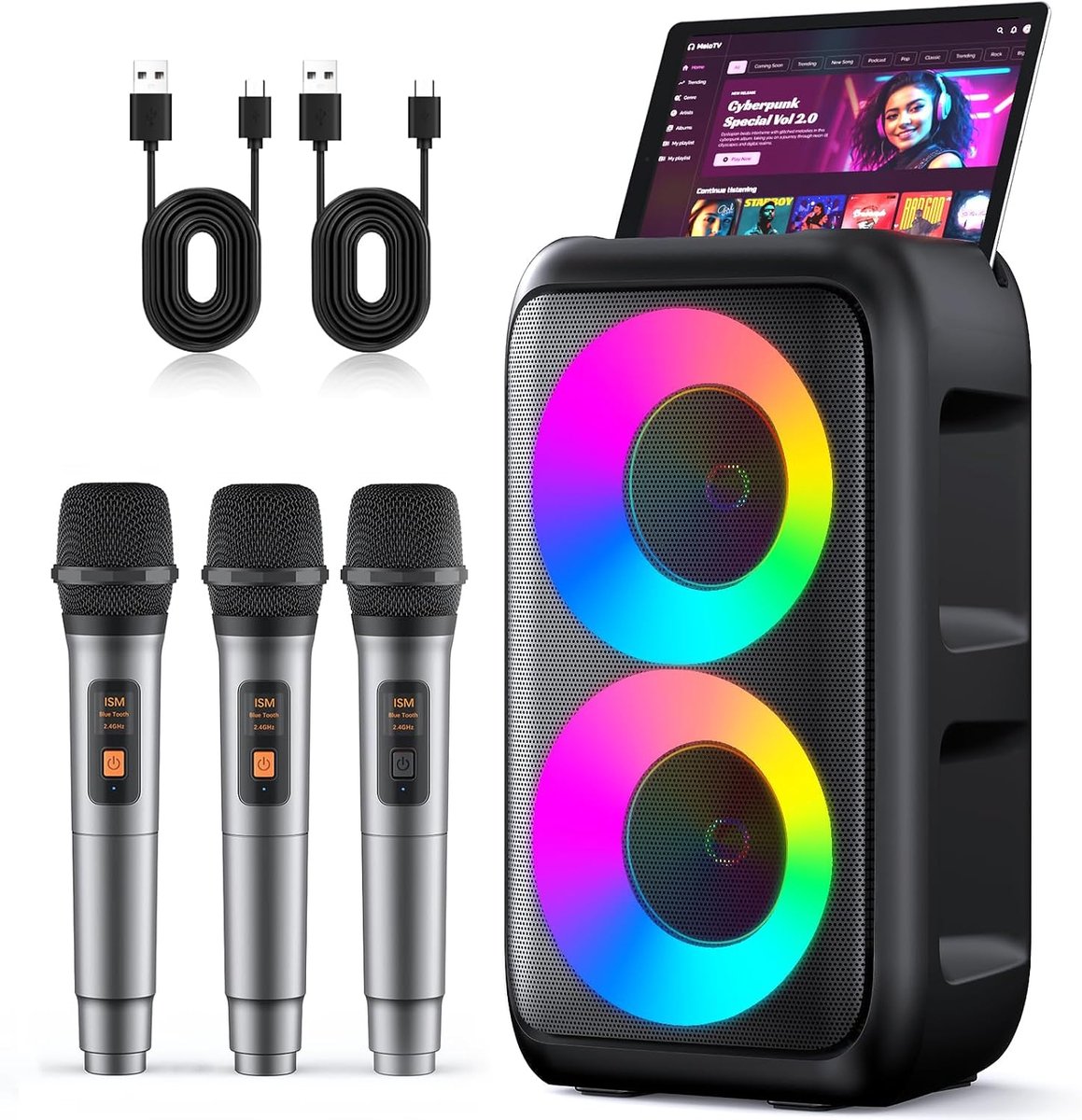 Karaoke Set met 3 Draadloze Microfoons – Bluetooth 5.2 – 10W Speaker – LED Lichtshow – 10 Uur Accuduur