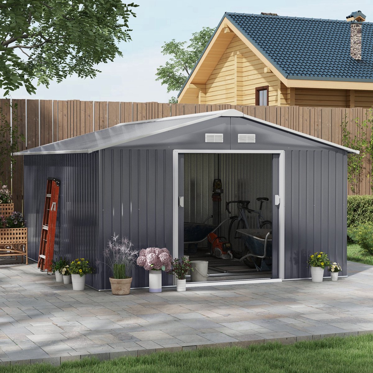 Zubaliya Gereedschapsschuur van staal – schuifdeuren en raam – 340 x 386 x 200 cm – Grijs