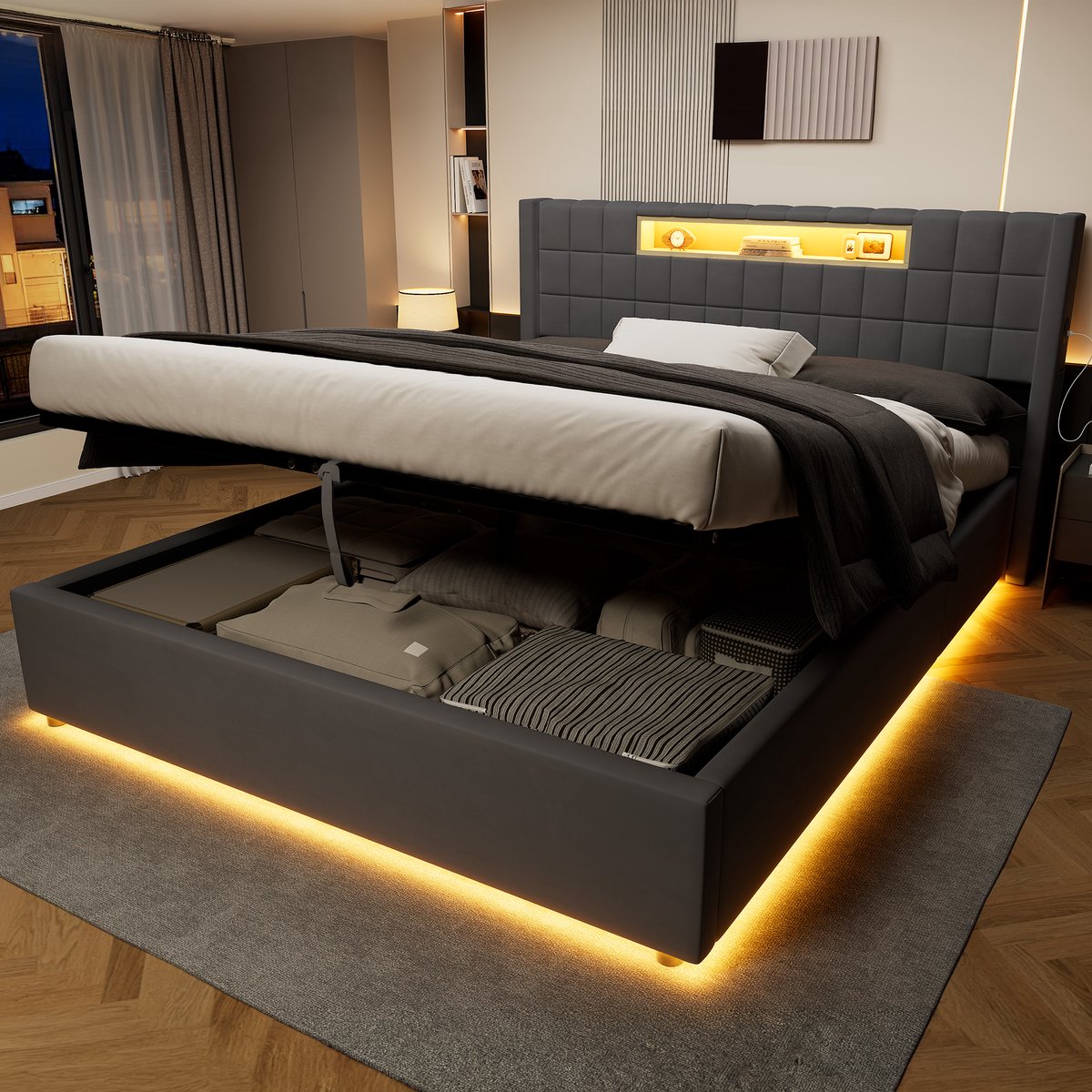 REDOM Tweepersoonsbed 160x200 cm – Hydraulisch Opbergbed met LED Verlichting en USB Oplaadpunten – Modern Slaapkamerbed met Luxe Hoofdbord – Grijs Design