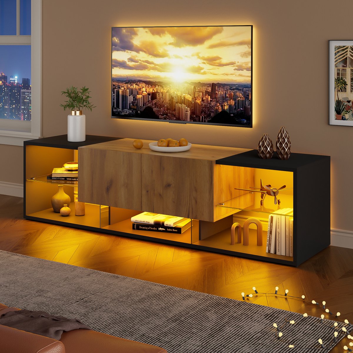 DESMIU Tv Meubel Met Led Verlichting En 2 Lades Voor Woonkamer En Slaapkamer Spaanplaat Zwart Natuur 160 X 40 X 42 Cm