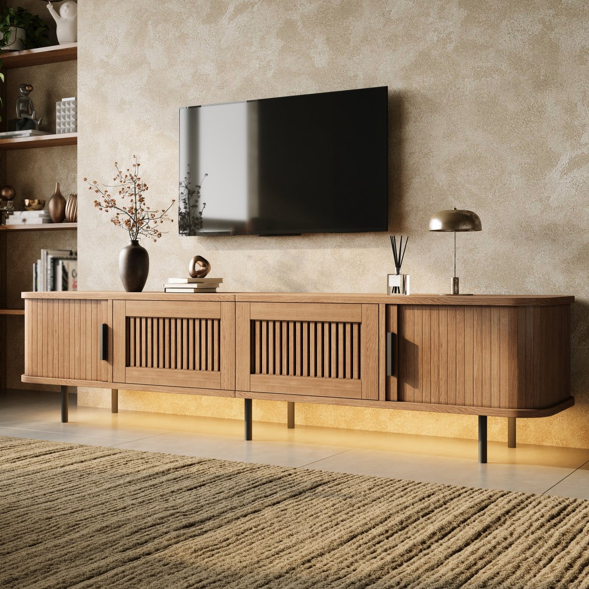 DESMIU TV Meubel Afgerond Met Lades En Schuifdeuren Met App Led Verlichting Voor Woonkamer Natural 180x40x44,5 Cm