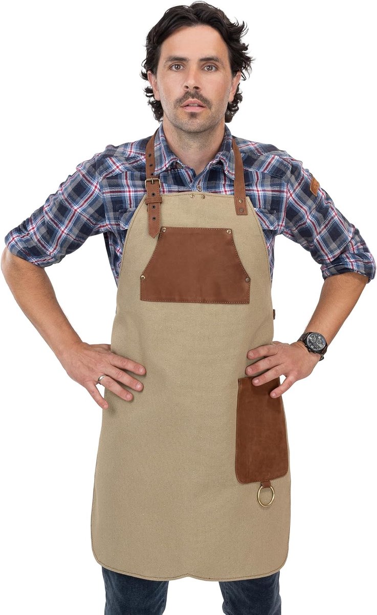 Cooking Apron Made of High Quality Canvas and Genuine Leather - Variable Barbecue Apron with Leather Straps - ShopVlot