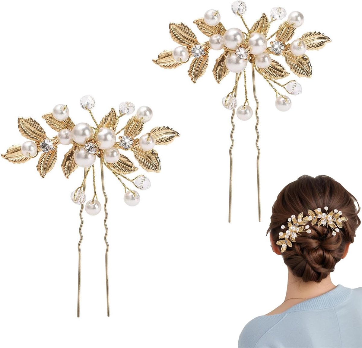 Set van 2 bruidshaaraccessoires - gouden haarspeld met kristallen - luxe parelhaarspeld - elegant voor bruid - ShopVlot