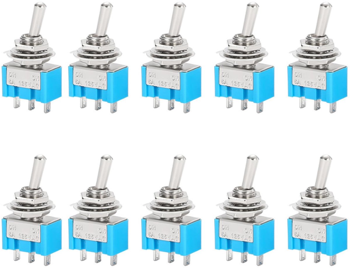 Mini toggle switch set van 10 - 3-polen, 3 posities ON-OFF-ON - blauwe schakelaar voor 12V - ideaal voor DIY projecten - ShopVlot