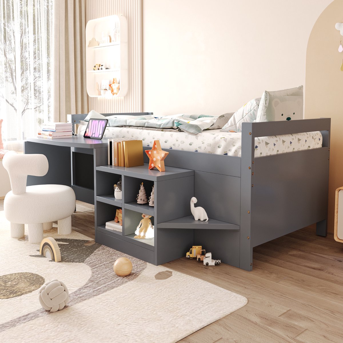 REDOM - Kinderbed met bureau en opbergruimte - Halfhoogslaper met trap en lattenbodem - USB-aansluitingen en stopcontact - Grijs - 204 x 132,5 x 70 cm