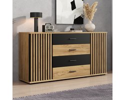 OKWISH Dressoir – 140 x 35 x 70 cm – 4 Lades en 2 Deuren – Verstelbare Planken – Opbergruimte voor Woonkamer, Eetkamer of Hal – MDF Zwart en Eikenkleur