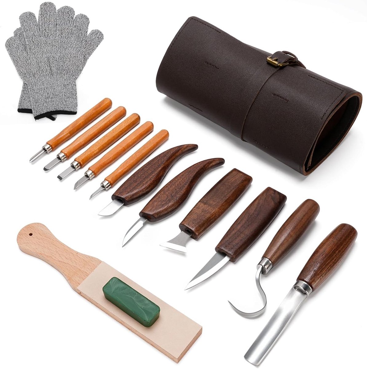 Houtsnijgereedschapsset - 15-delig - Met Walnoot Handvat en Veiligheidshandschoenen - Voor Beginners en Professionals