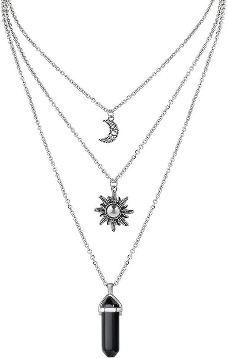 Zwarte kristallen ketting - 3 in 1 gelaagd - zon en maan design - perfect voor Y2K outfits - ShopVlot