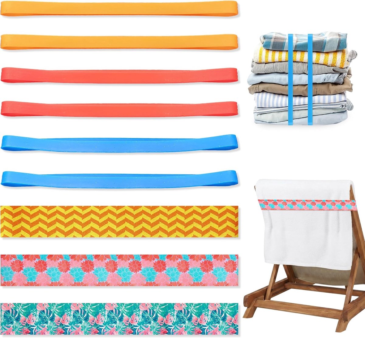 Handdoekbanden voor strandstoelen - set van 9 stuks - elastische banden en siliconen clips - ShopVlot